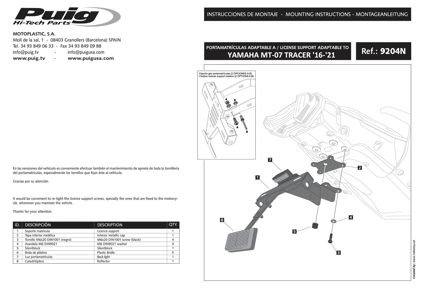 Puig Fender Eliminator Yamaha MT-07 Tracer 2016-2017