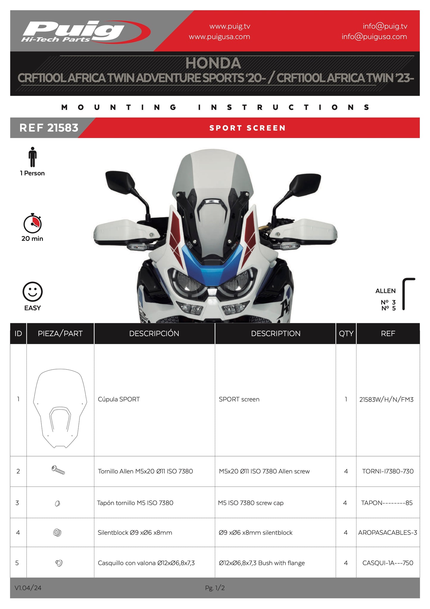 Puig Sport Windscreen Honda Africa Twin CRF1100L 2020-2025