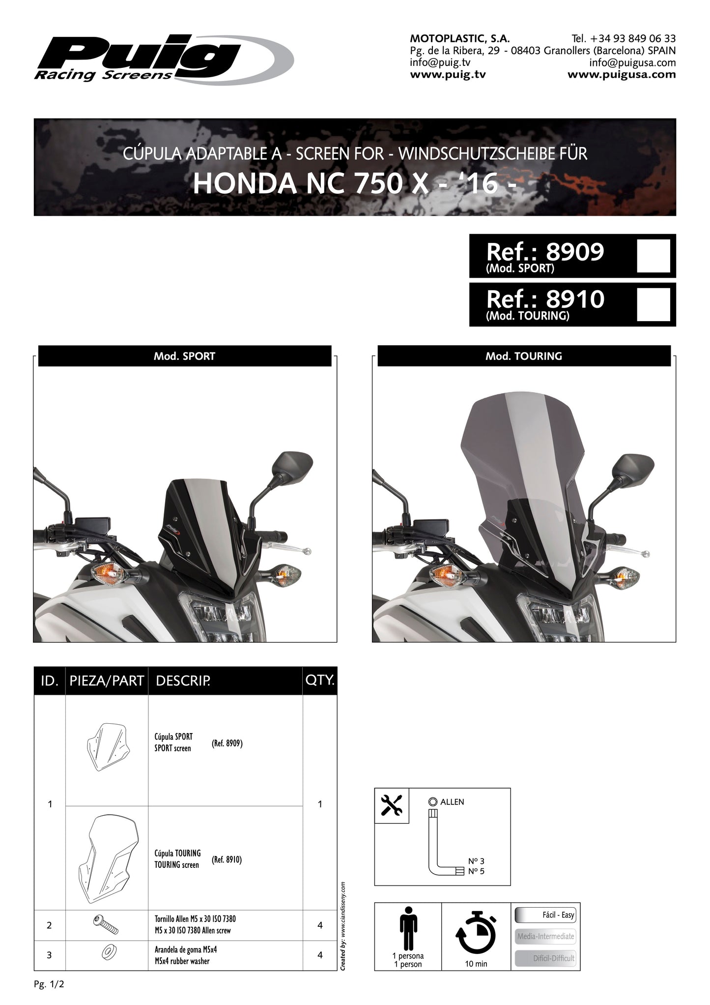 Puig Touring Windscreen With Visor Honda NC750X 2016-2020, NC750XD 2016-2020