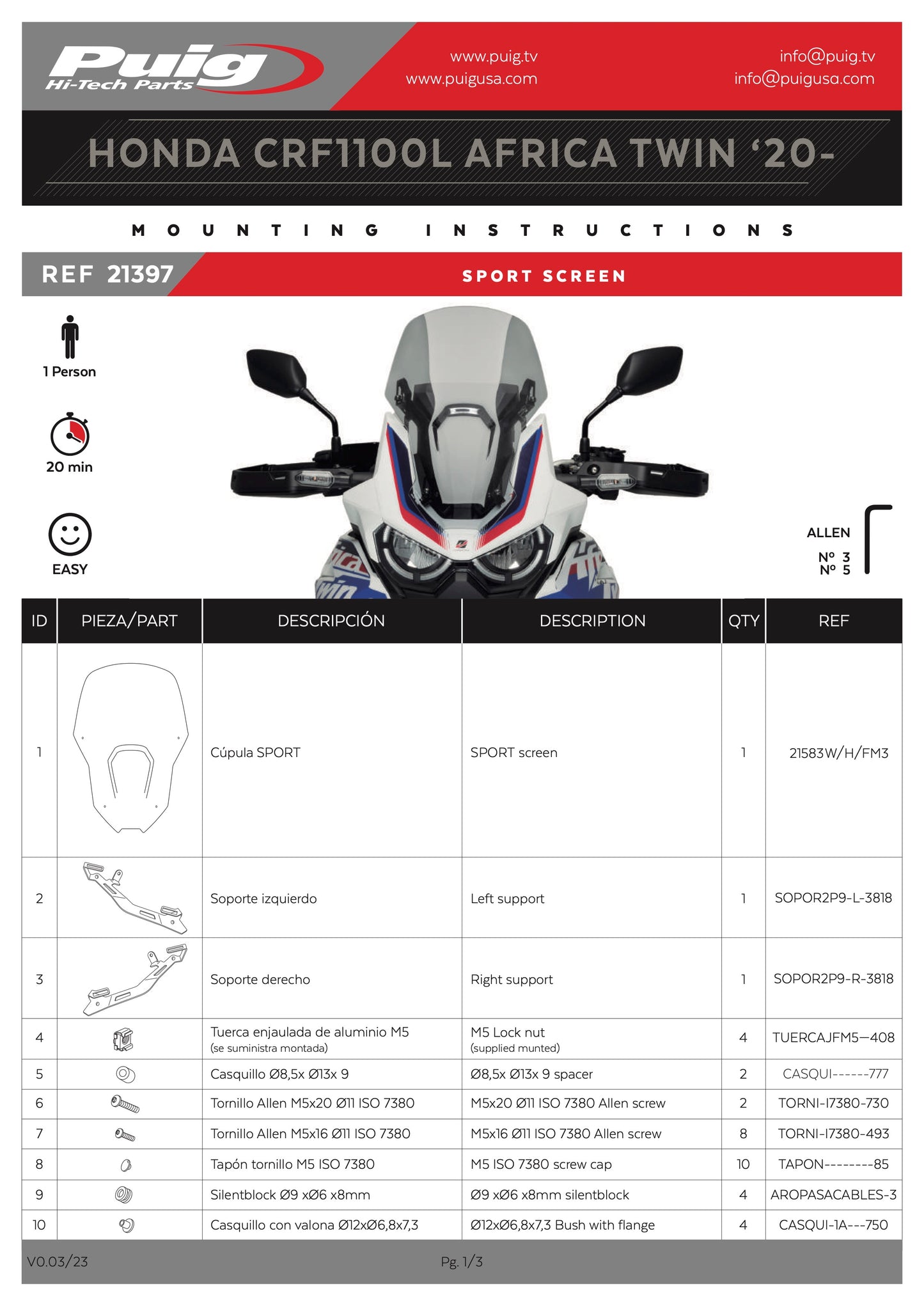 Puig Sport Windscreen Honda Africa Twin CRF1100L 2020-2023