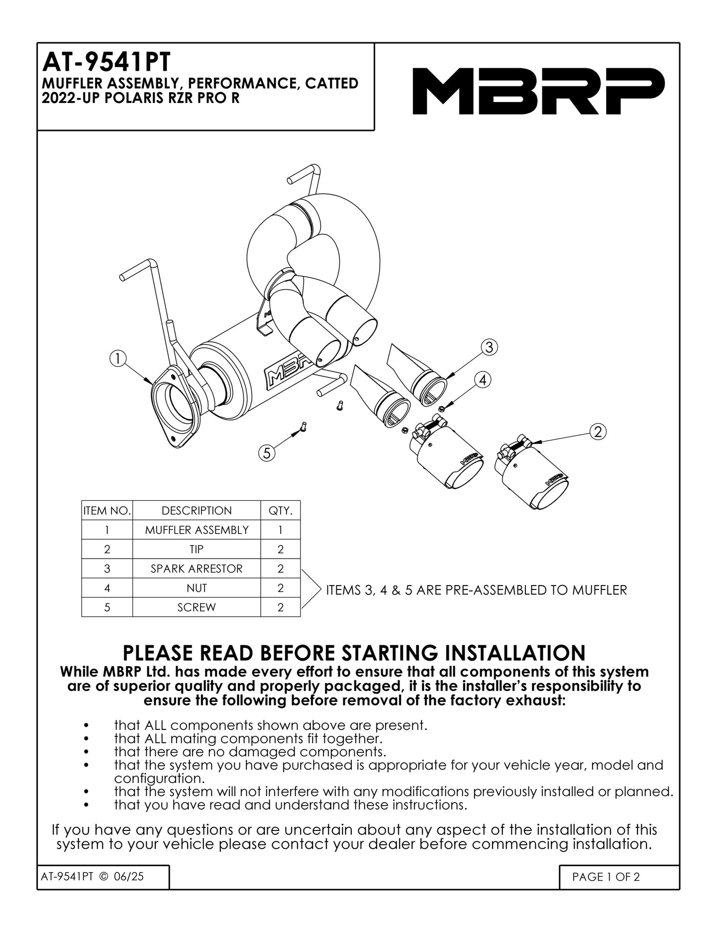 MBRP 6" Single Slip-on System Dual Outlet with Catalytic Converter Performance Series Polaris RZR PRO R 2022-2025 - Adventure Parts