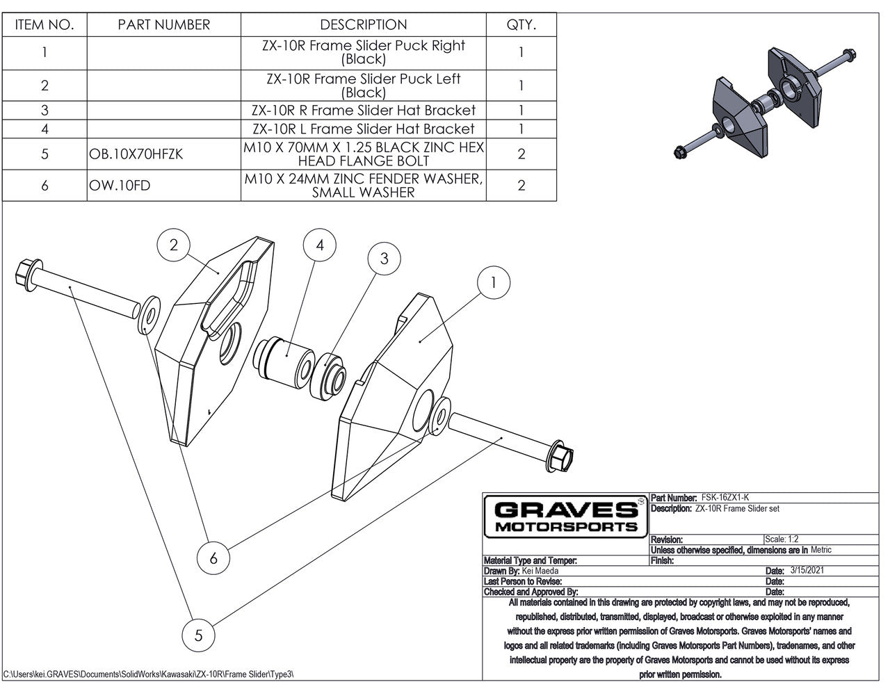 Graves Frame Sliders Kawasaki Ninja ZX-10R 2016-2024