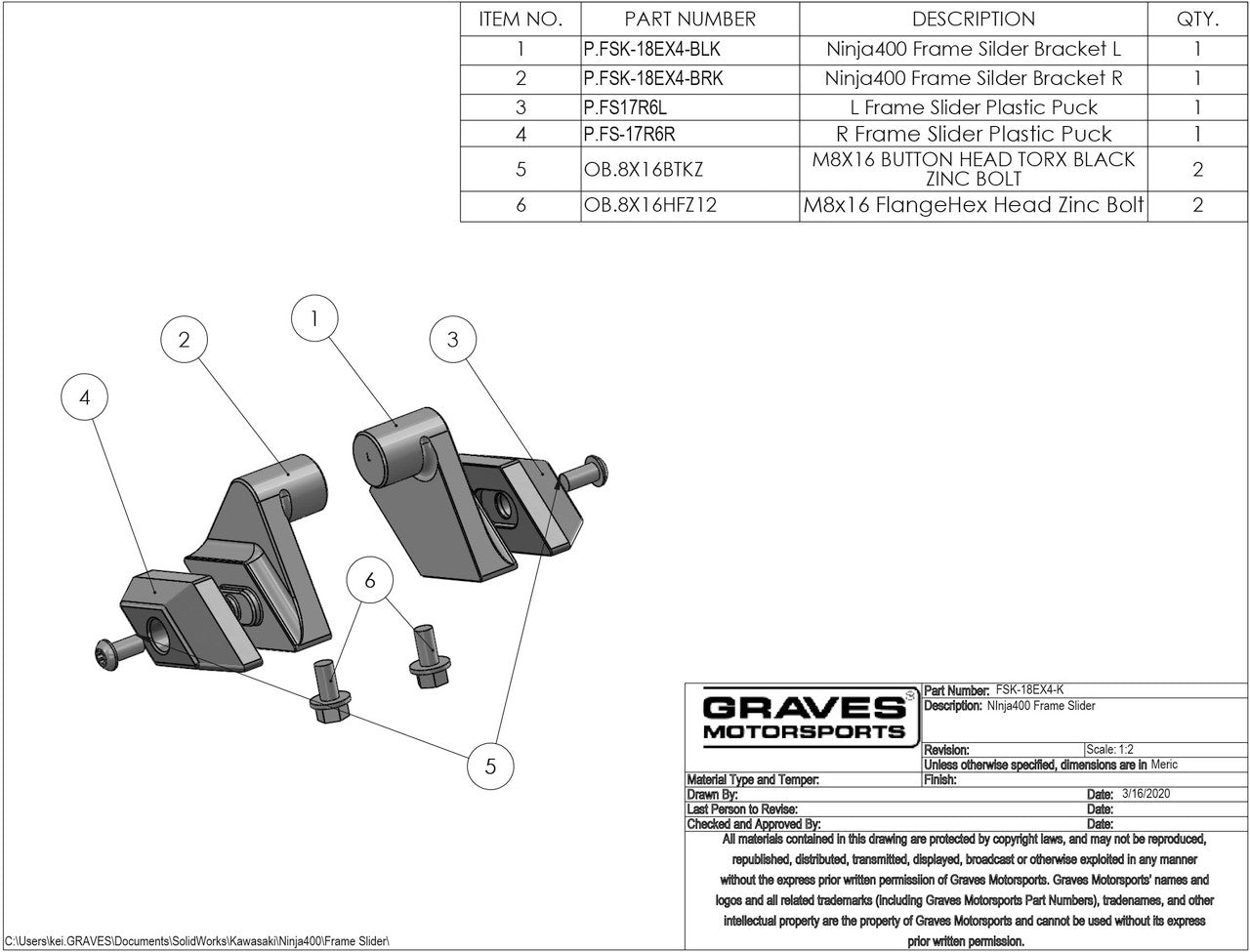Graves Frame Sliders Kawasaki Ninja 400 2018-2023 + Ninja 500 2024 +
