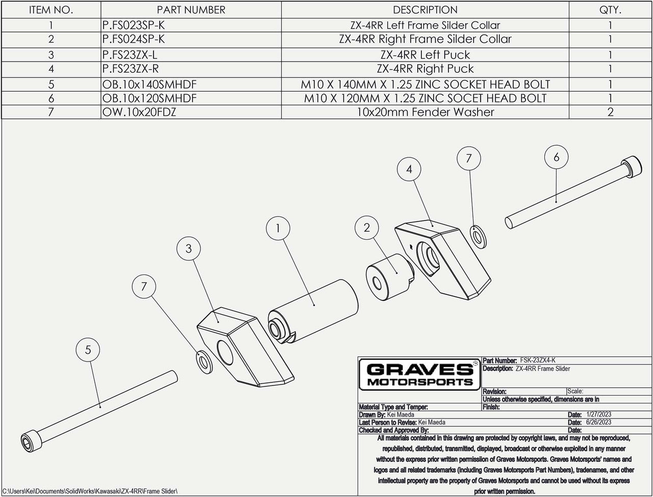 Graves Frame Slider Kit Kawasaki Ninja ZX-4RR ZX-4R 2023 + - Adventure Parts