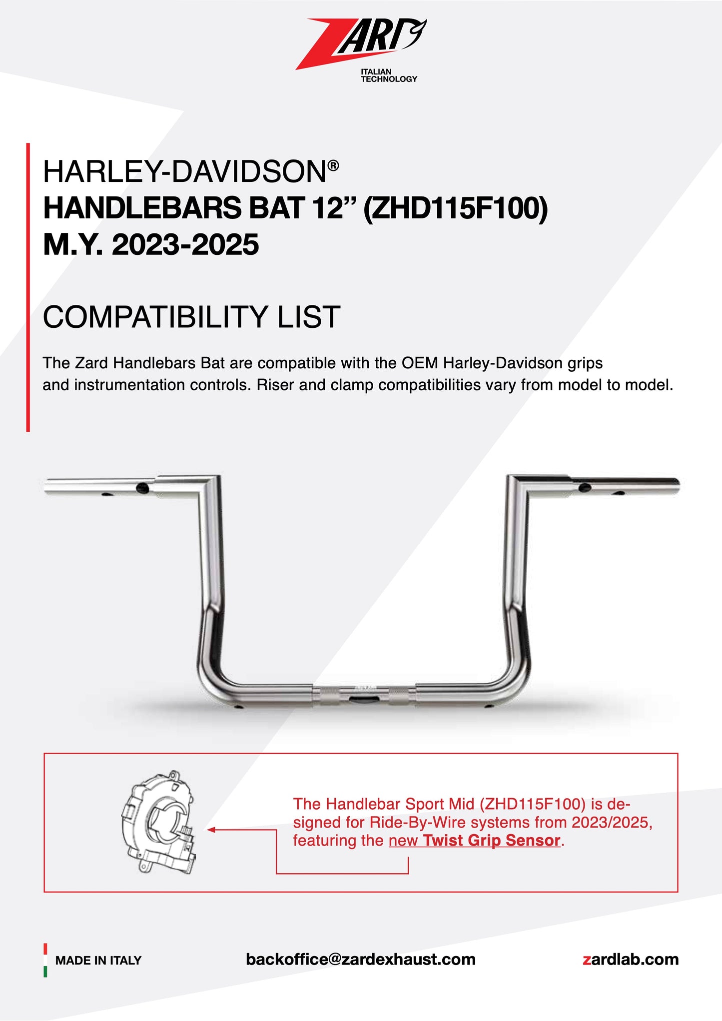 ZARD Handlebar CVO Bat 12" Harley Davidson 2023-2025