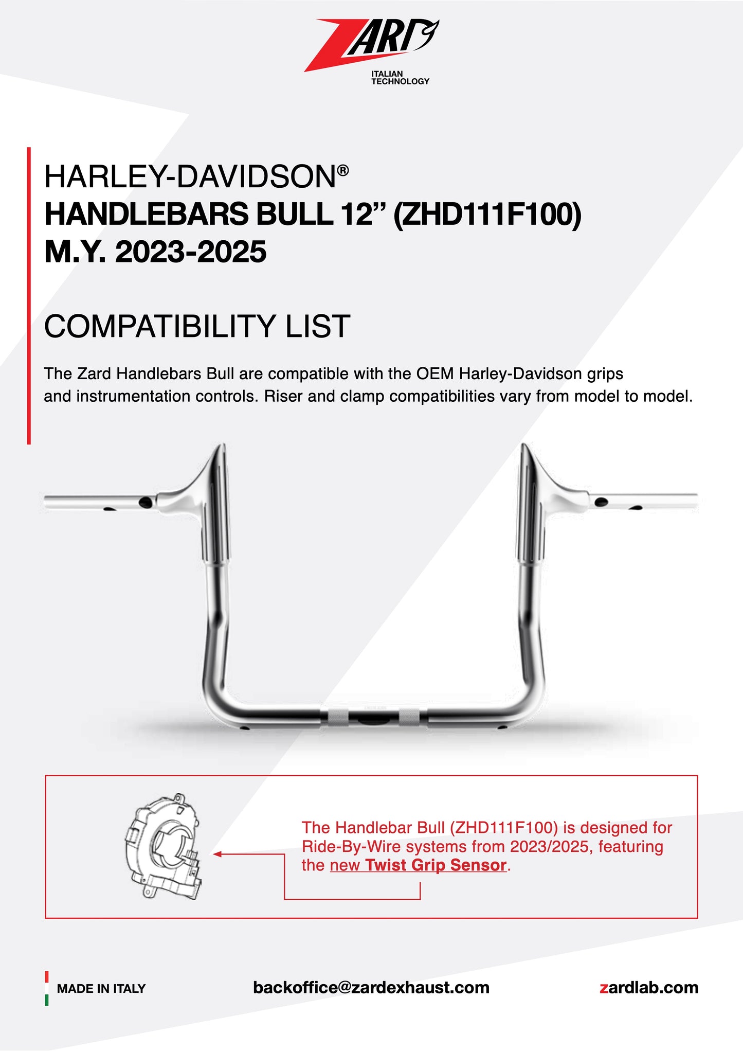 ZARD Handlebar Bull 12" Harley Davidson CVO Street Glide 2023-2025