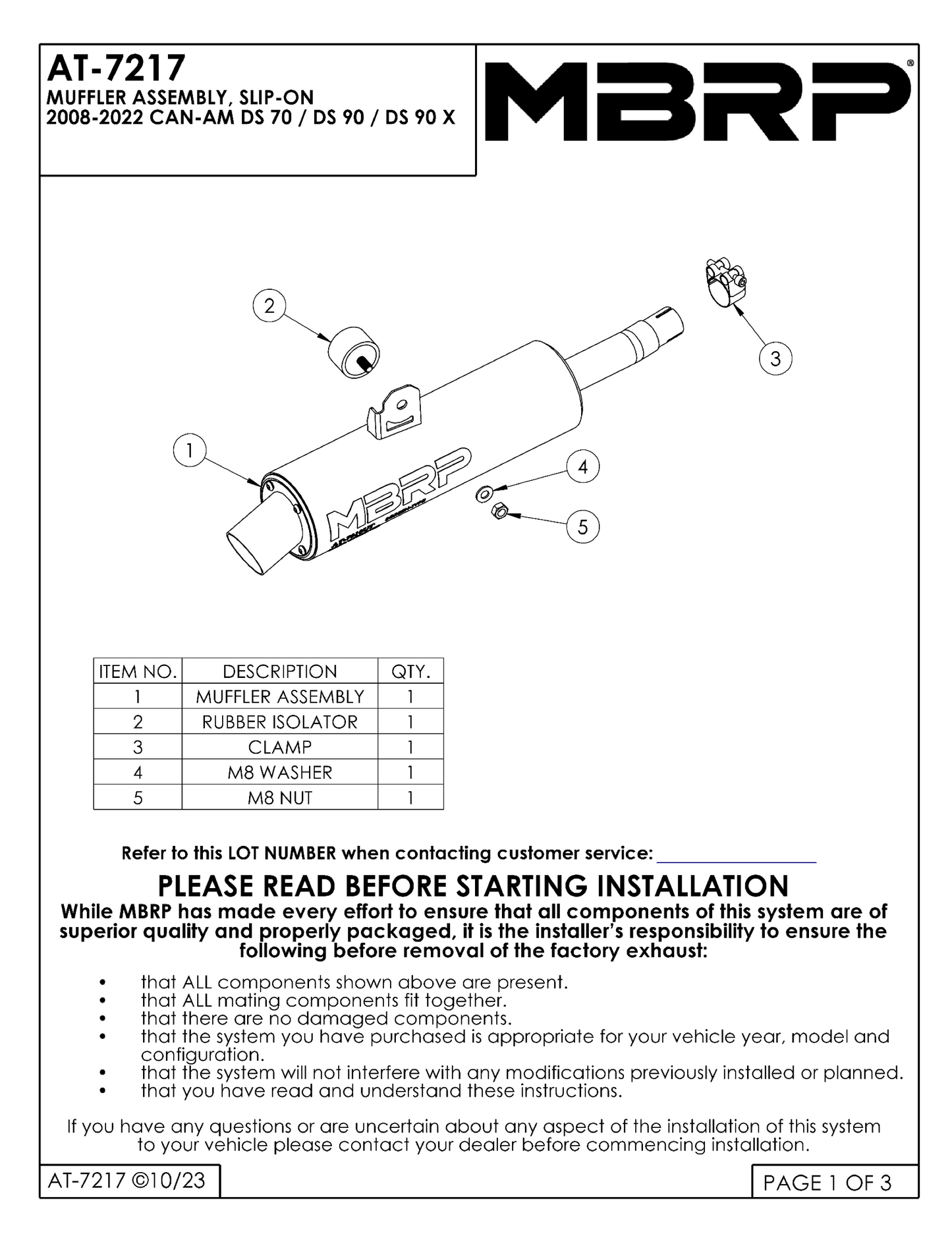 MBRP Direct Replacement Slip-on w/Utility Muffler CAN-AM DS 70/ DS 90/ DS 90X 2008-2022