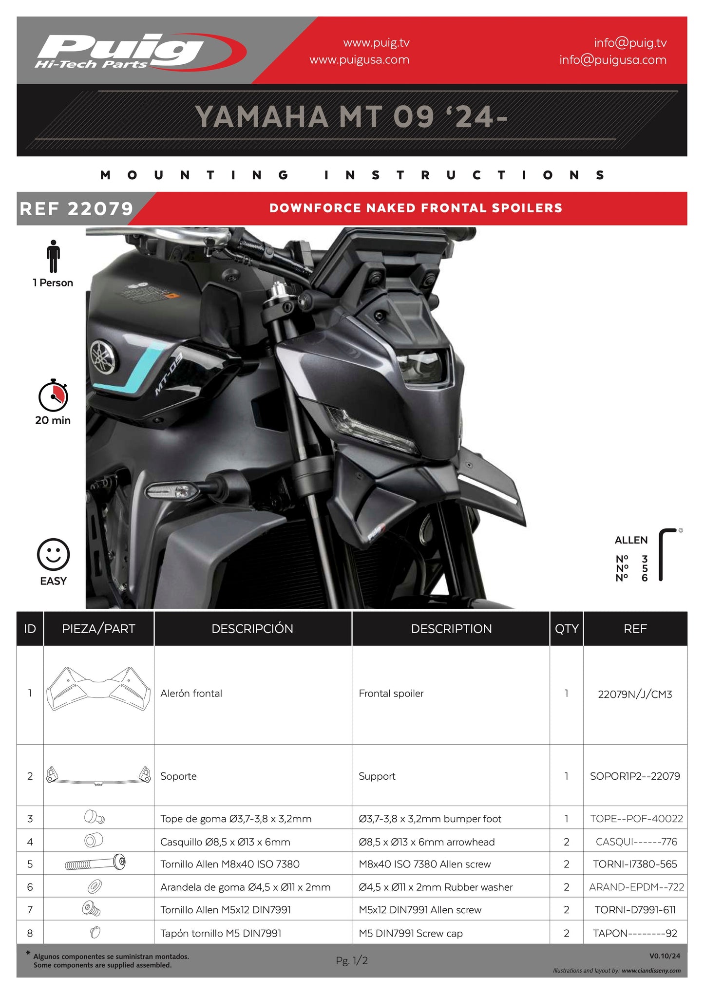 Puig Downforce Naked Front Spoilers Yamaha MT-09, MT-09 SP, MT-09 Y-AMT 2024-2025
