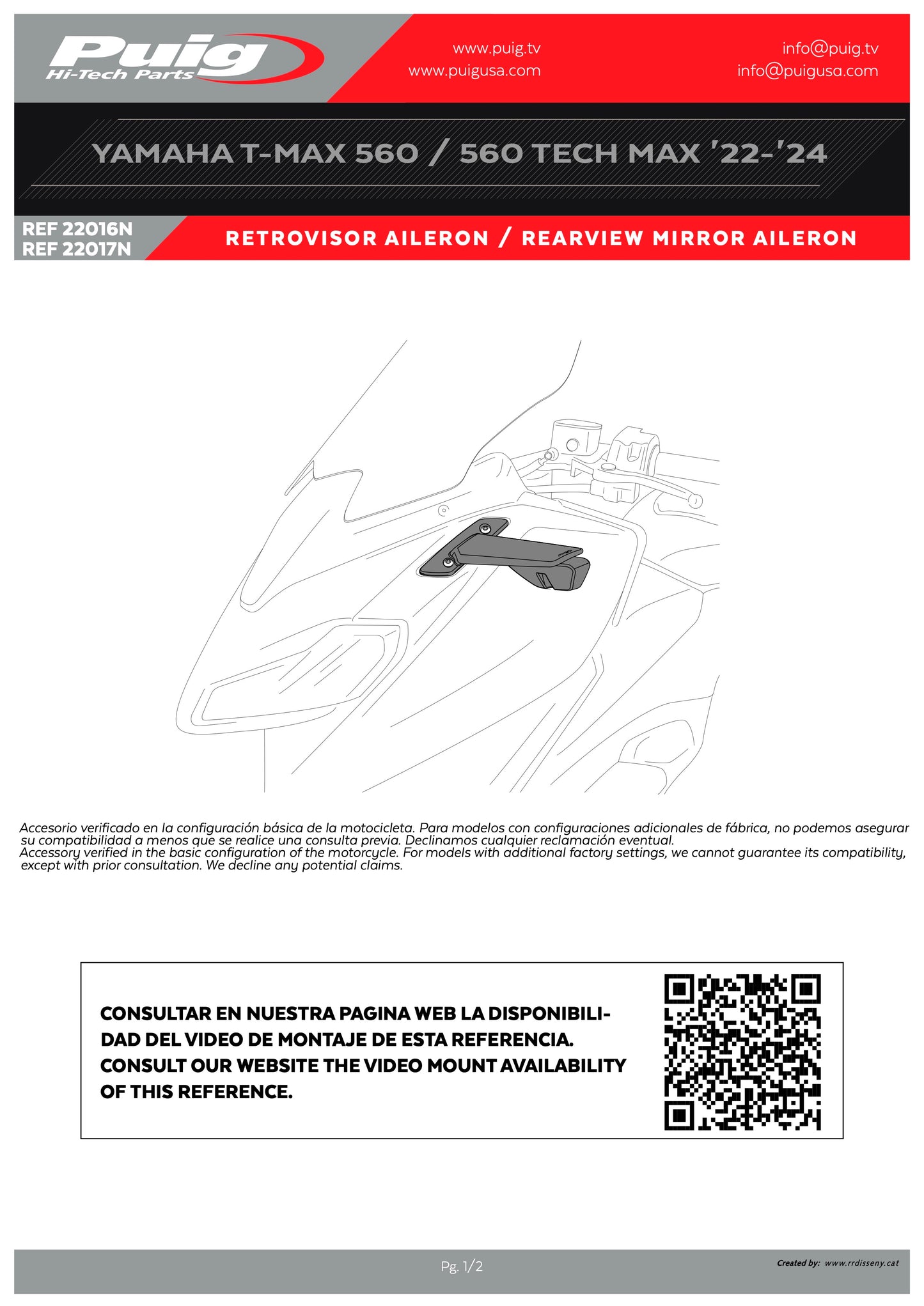 Puig Rearview Black Mirror Aileron Yamaha T-MAX 560 2022-2024, TECH MAX 2022-2024