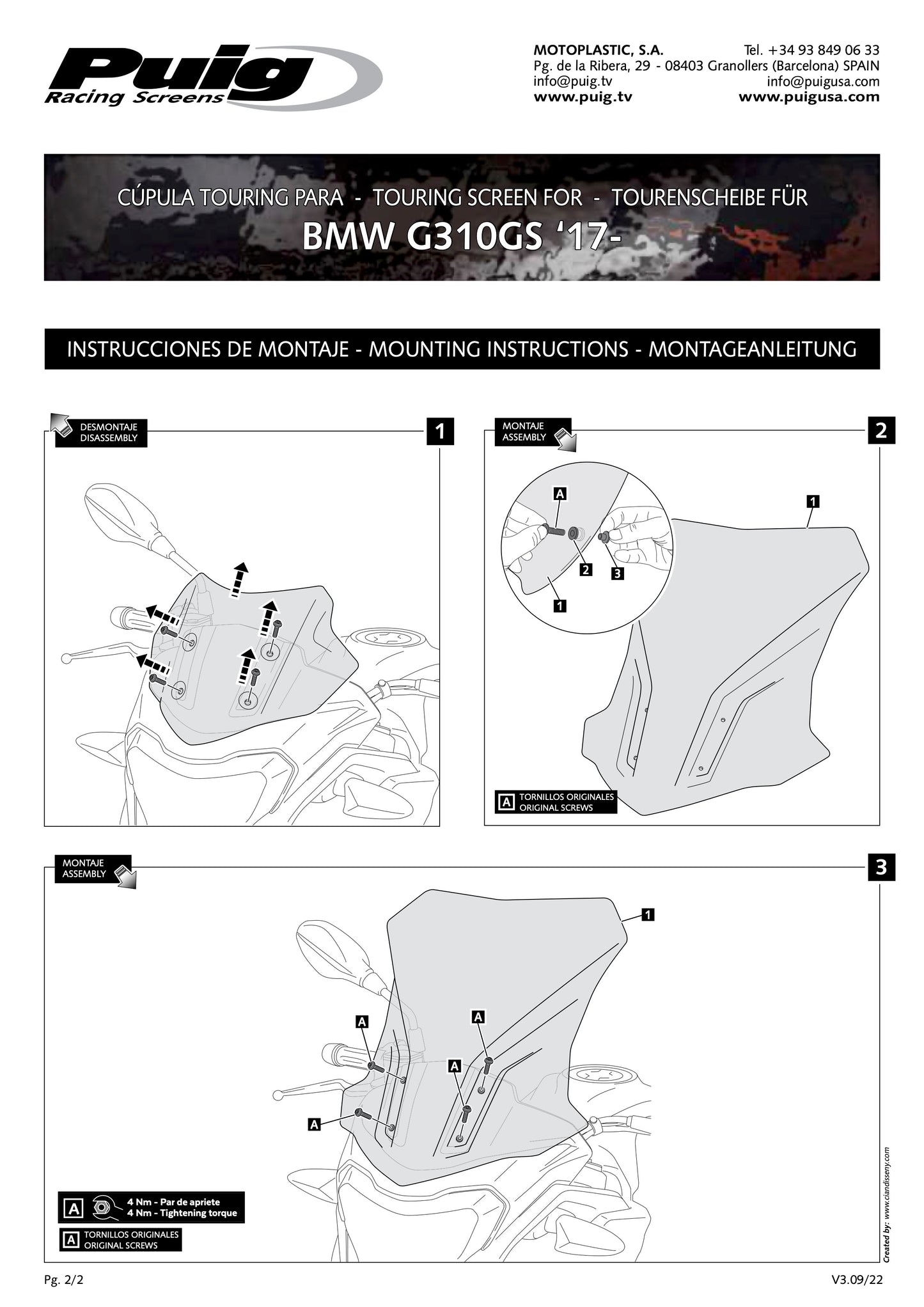 Puig Touring Windscreen BMW G310GS 2017-2025 - Adventure Parts