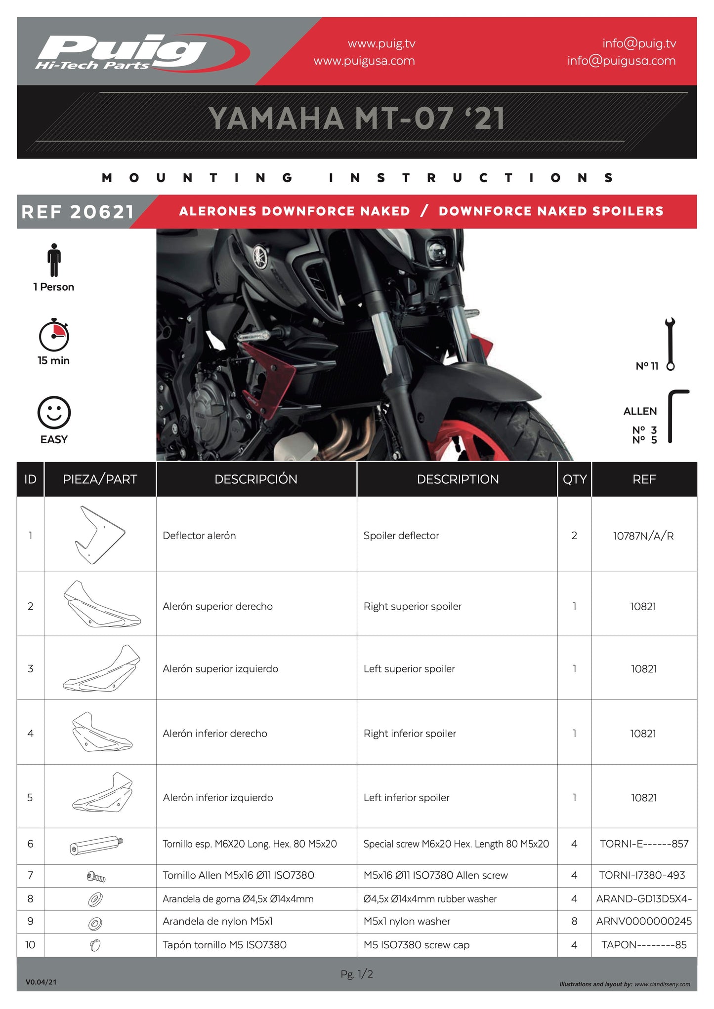 Puig Downforce Naked Side Spoilers Yamaha MT-07 2021-2024