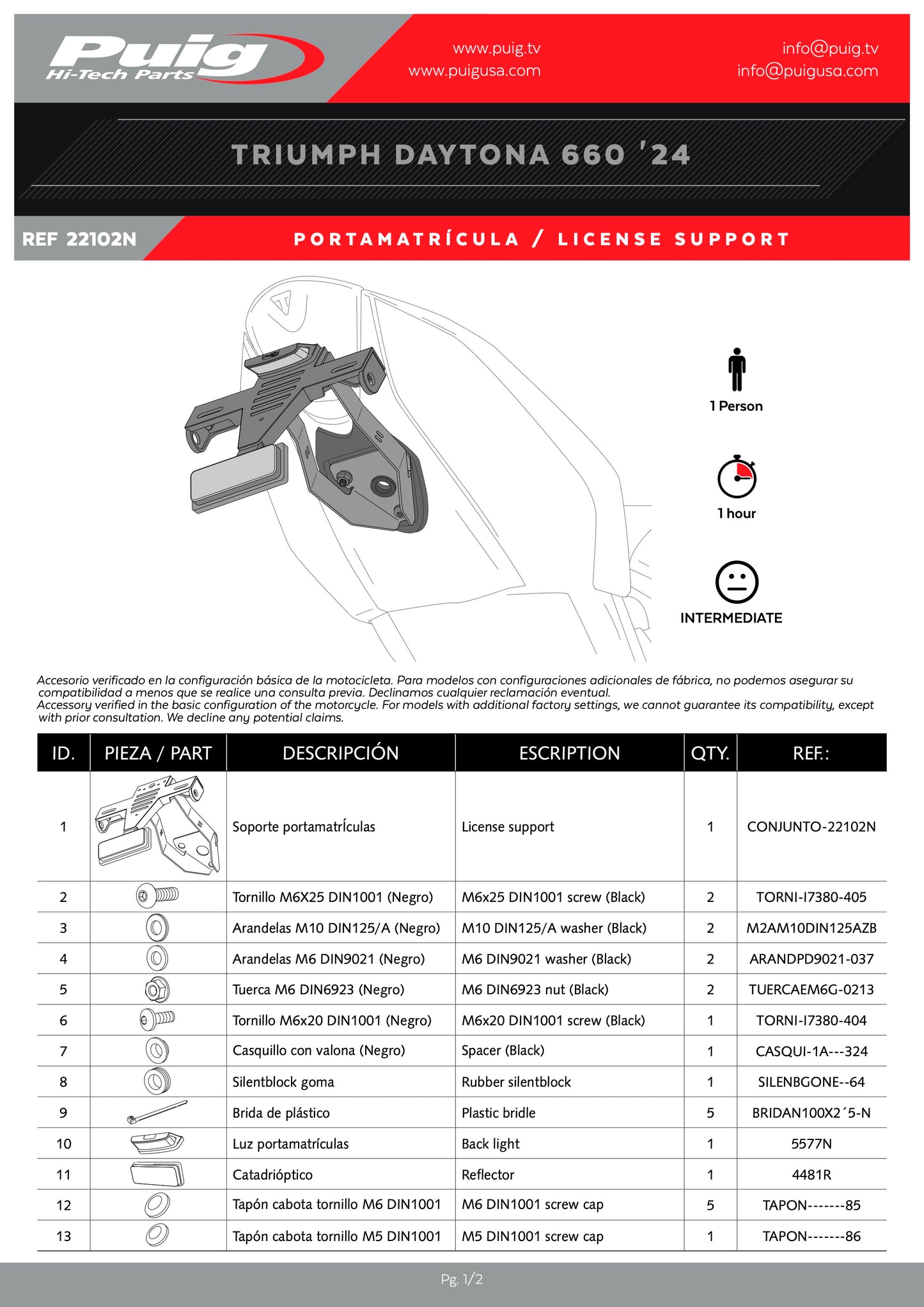 Puig License Plate Holders TRIUMPH DAYTONA 660 2024-2025