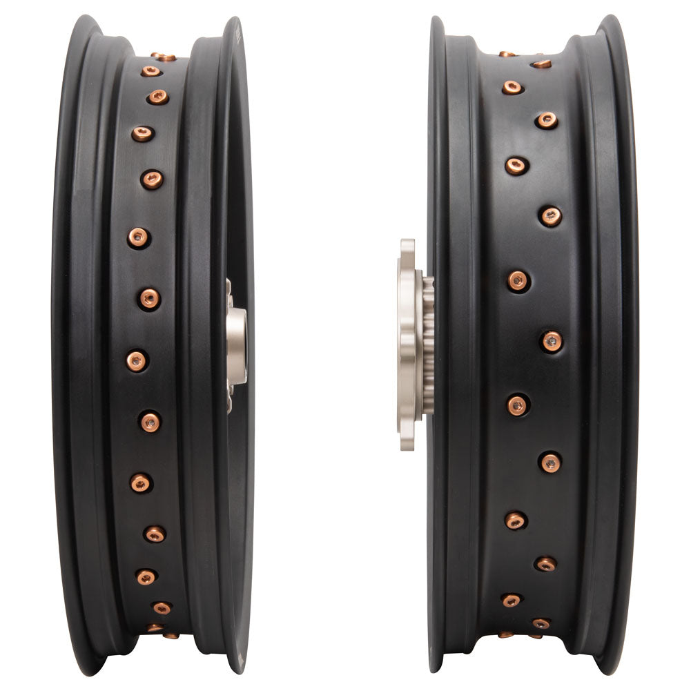 Tusk Impact Supermoto Complete Front and Rear Wheel Set 3.50 x 17 / 4.25 x 17 Matte Black Rim/Silver Spoke/Magnesium Hub/Magnesium Nipple KTM 125 EXC 1989-2025 - Adventure Parts