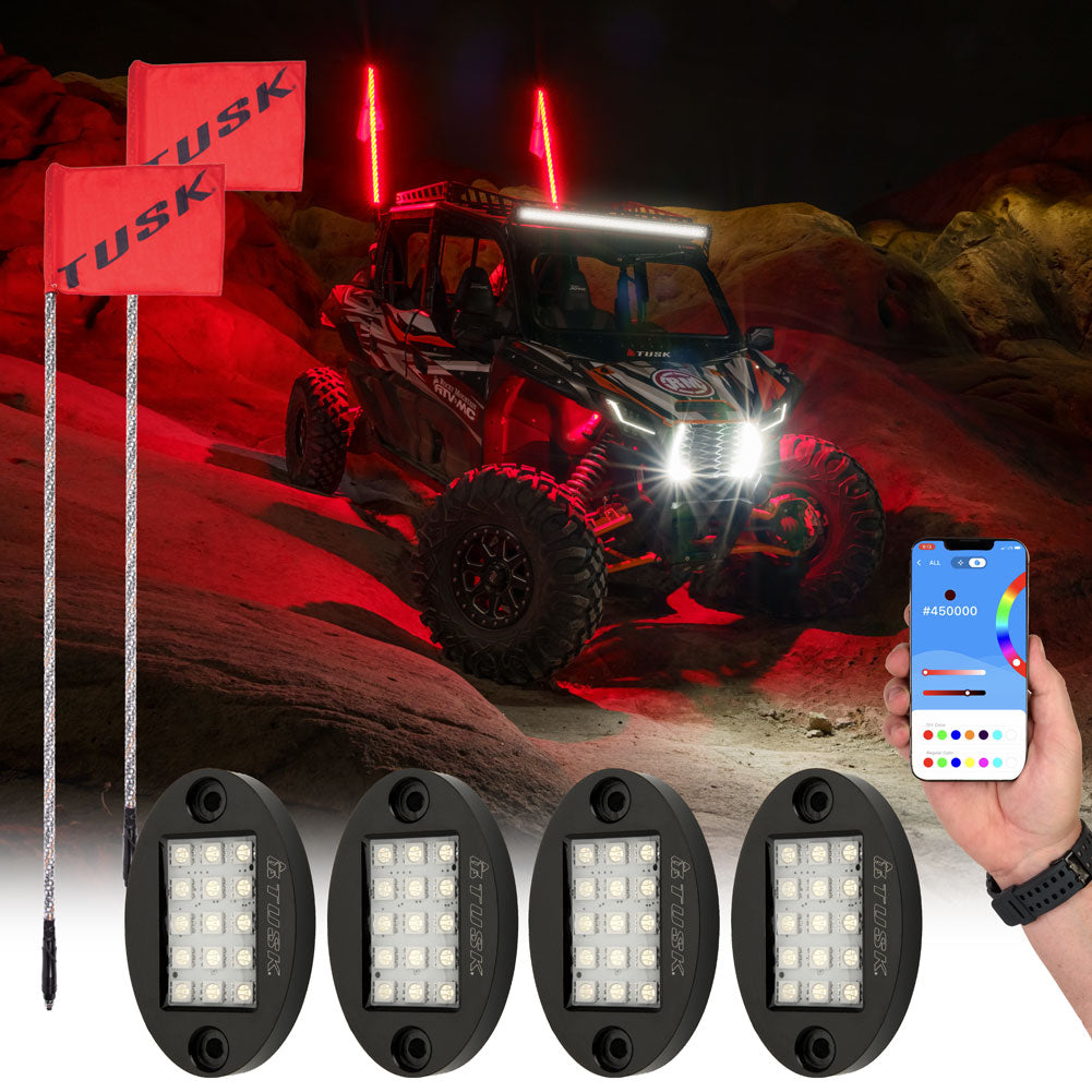 Tusk UTV LED Rock Light Kit and Lighted Whips - Adventure Parts
