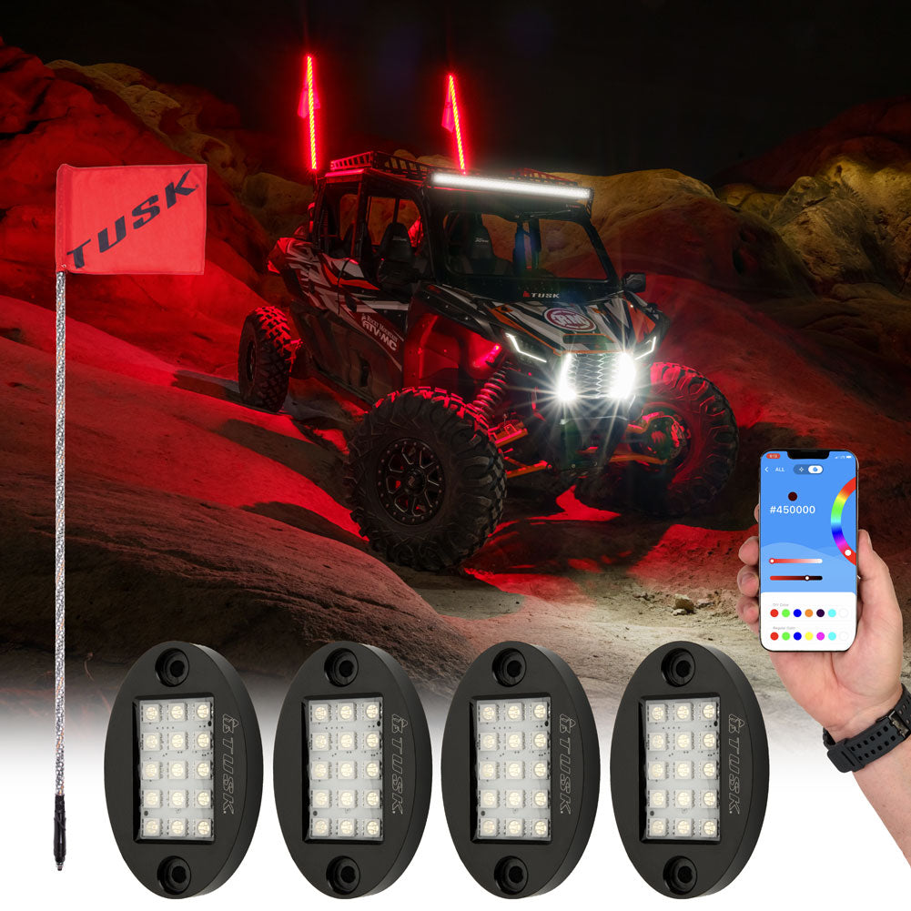 Tusk UTV LED Rock Light Kit and Lighted Whips - Adventure Parts