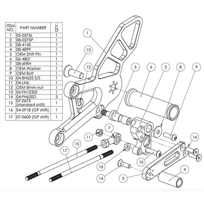 Woodcraft Complete Adjustable Rearset - STD Shift Honda CBR250R/300R 2011-2022