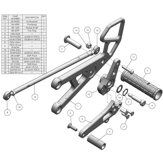 Woodcraft Rearset - STD Shift Yamaha YZF-R6 2006-2016