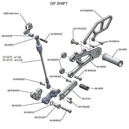 Woodcraft Rearset - GP Shift w/QS Rod - RACE USE ONLY (No Side Stand) Triumph Daytona 675/675R 2013-2017