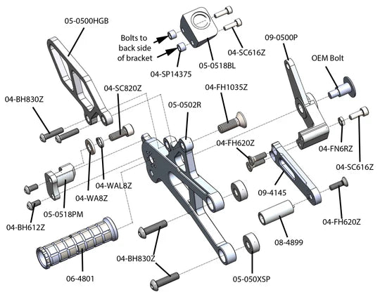 Woodcraft Complete Rearset Kit w/Pedals Triumph Daytona 675 Moto 2 2020-2022