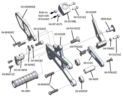 Woodcraft Complete Rearset Kit w/Pedals Triumph Daytona 675 Moto 2 2020-2022