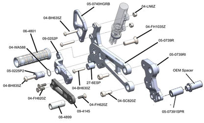 Woodcraft Complete Rearset Kit w/ Pedals - STD/GP Shift KTM RC390 2022-2024