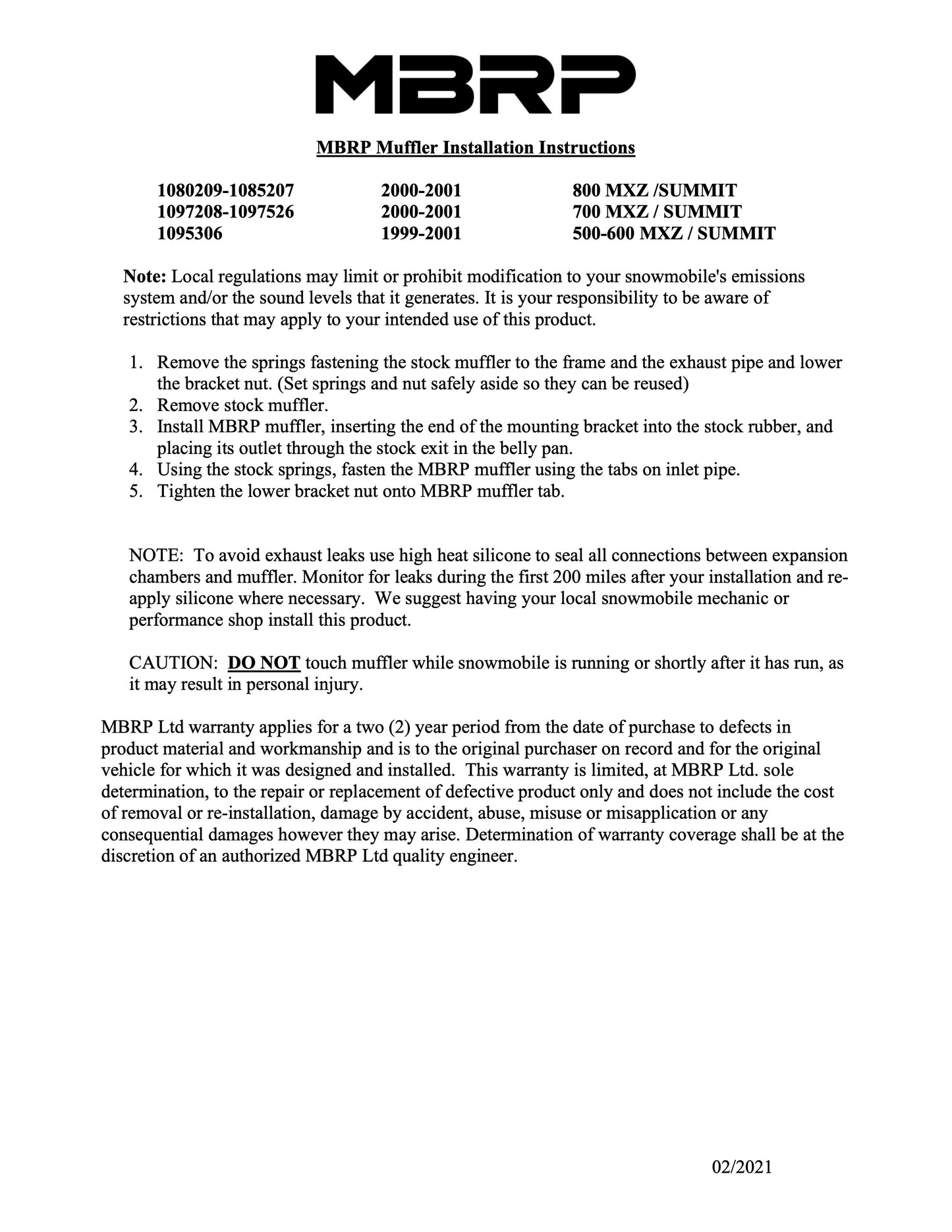 MBRP Race Exhaust Ski-Doo S Chassis/Formula Z/583/670 1997-1999