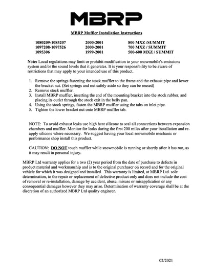 MBRP Race Exhaust Ski-Doo S Chassis/Formula Z/583/670 1997-1999