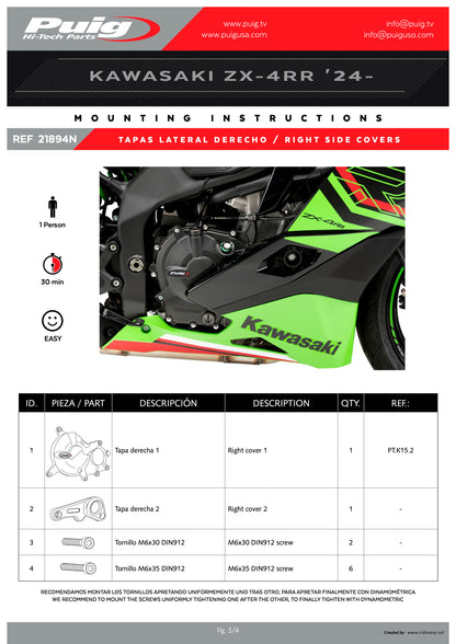 Puig Engine Covers Track for Championship Kawasaki Ninja ZX-4R NINJA, Ninja ZX-4RR NINJA 2024-2025