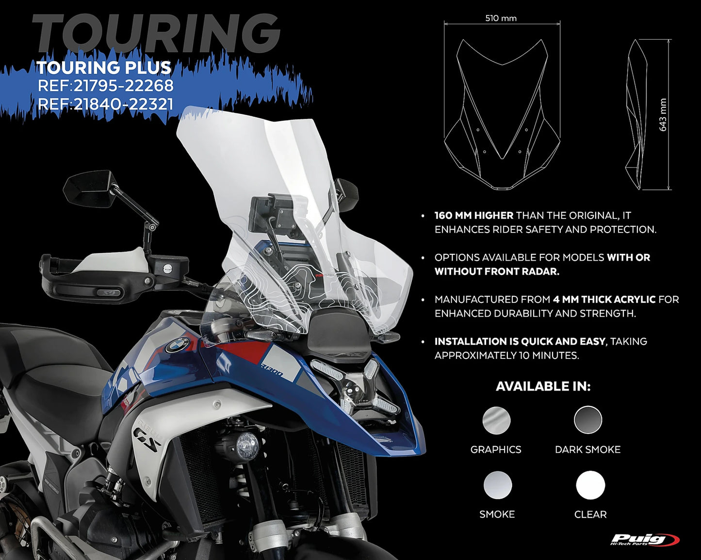 Puig Touring Plus Windshield with Visor BMW R1300GS 2023-2026