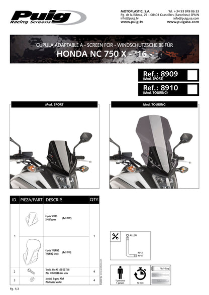 Puig Touring Windscreen With Visor Honda NC750X 2016-2020, NC750XD 2016-2020