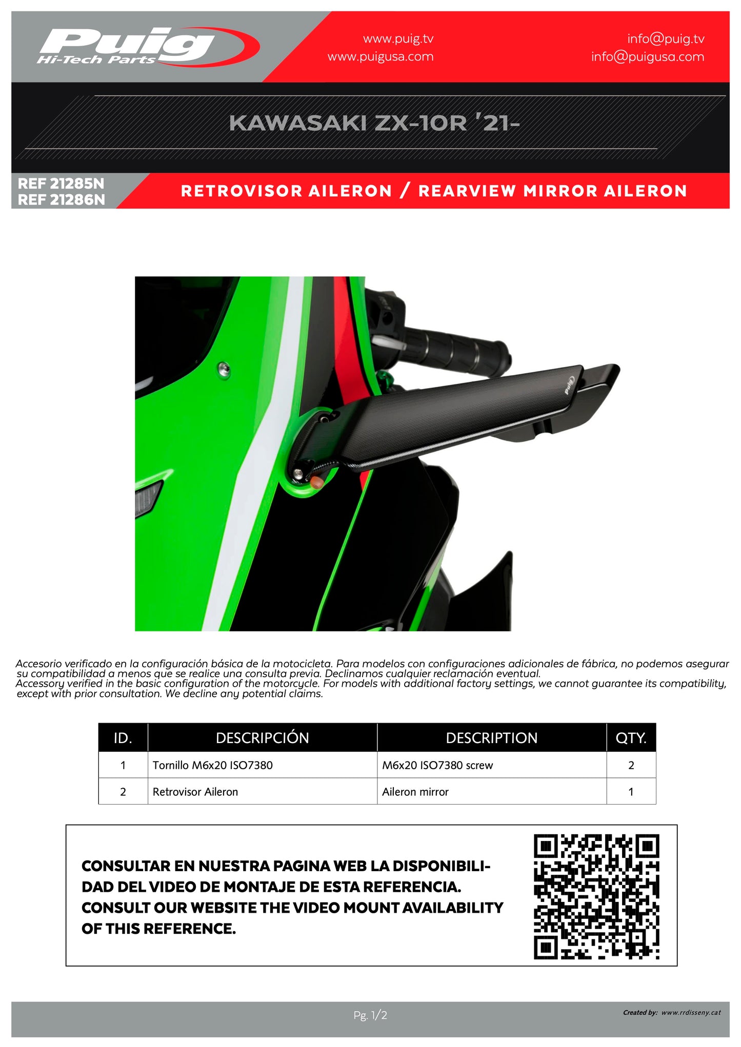 Puig Rearview Black Mirror Aileron Set Kawasaki ZX-10R 2021-2024