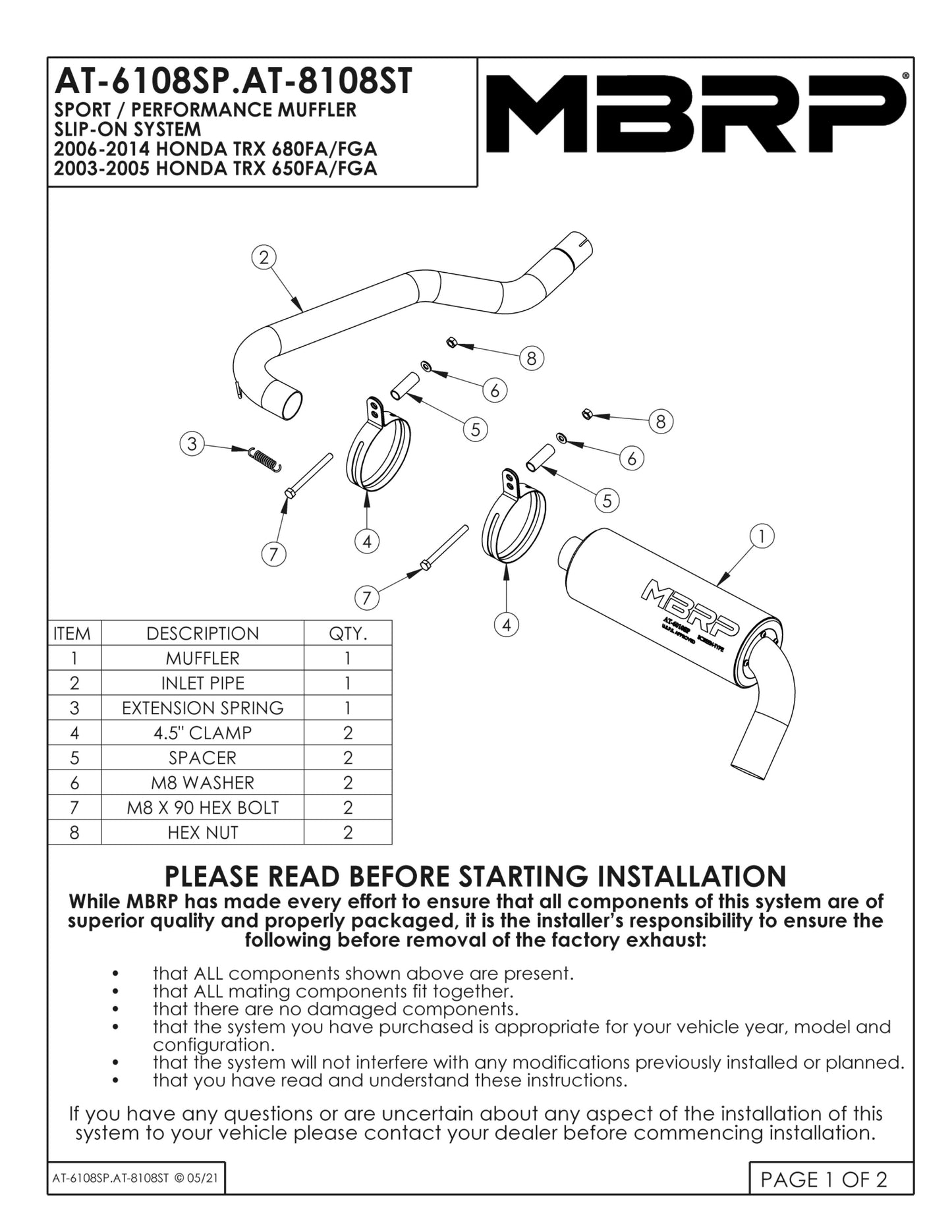 MBRP Slip-on system w/Performance Muffler Honda TRX 680FA/FGA 2006-2014