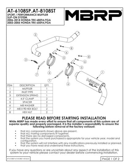 MBRP Slip-on system w/Performance Muffler Honda TRX 680FA/FGA 2006-2014
