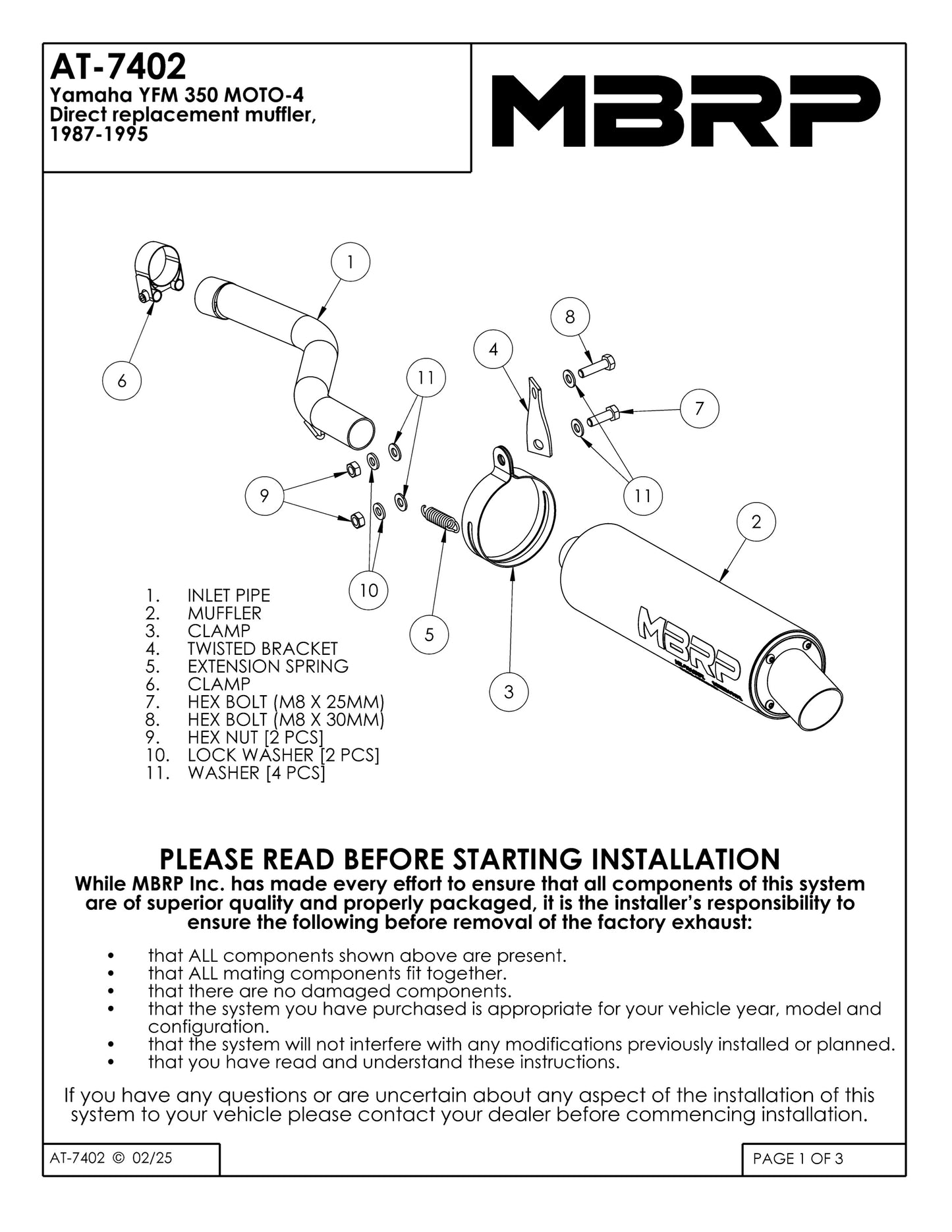 MBRP Direct Replacement Slip-on w/Utility Muffler Yamaha YFB 250D Timberwolf 1992-2000