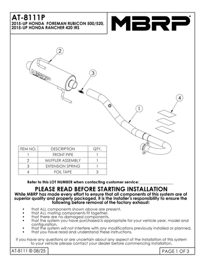 MBRP Slip-on system w/Performance Muffler Honda TRX500FA6 FourTrax Foreman Rubicon Auto DCT EPS 2015-2026