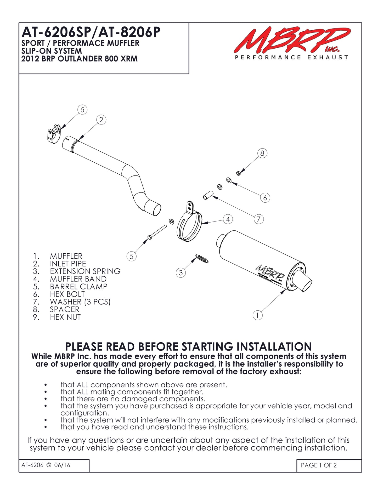 MBRP Slip-on system w/Performance Muffler Can-Am Outlander 800MR 2009-2012