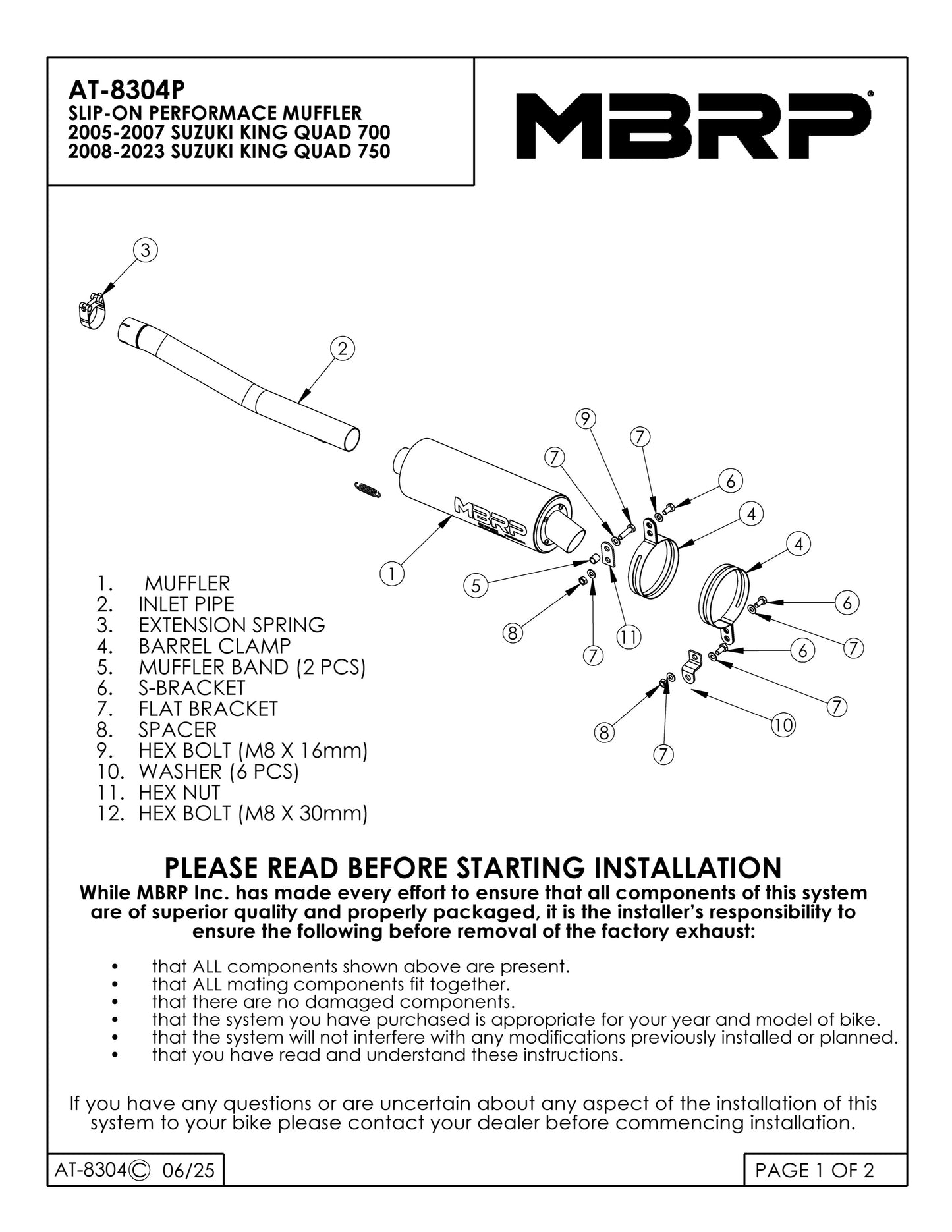 MBRP Slip-on system w/Performance Muffler Suzuki King Quad 750 2005-2023