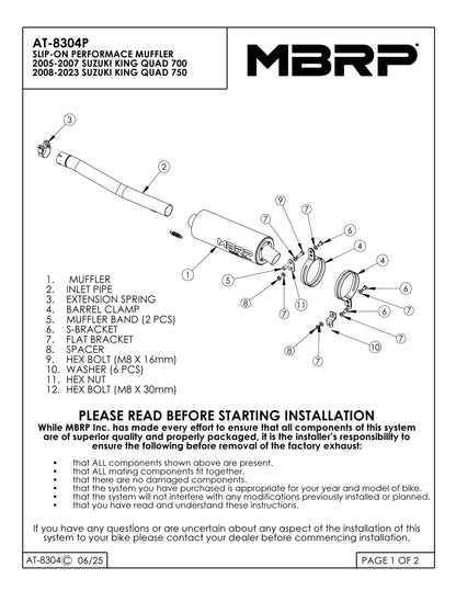 MBRP Slip-on system w/Performance Muffler Suzuki King Quad 750 2005-2023