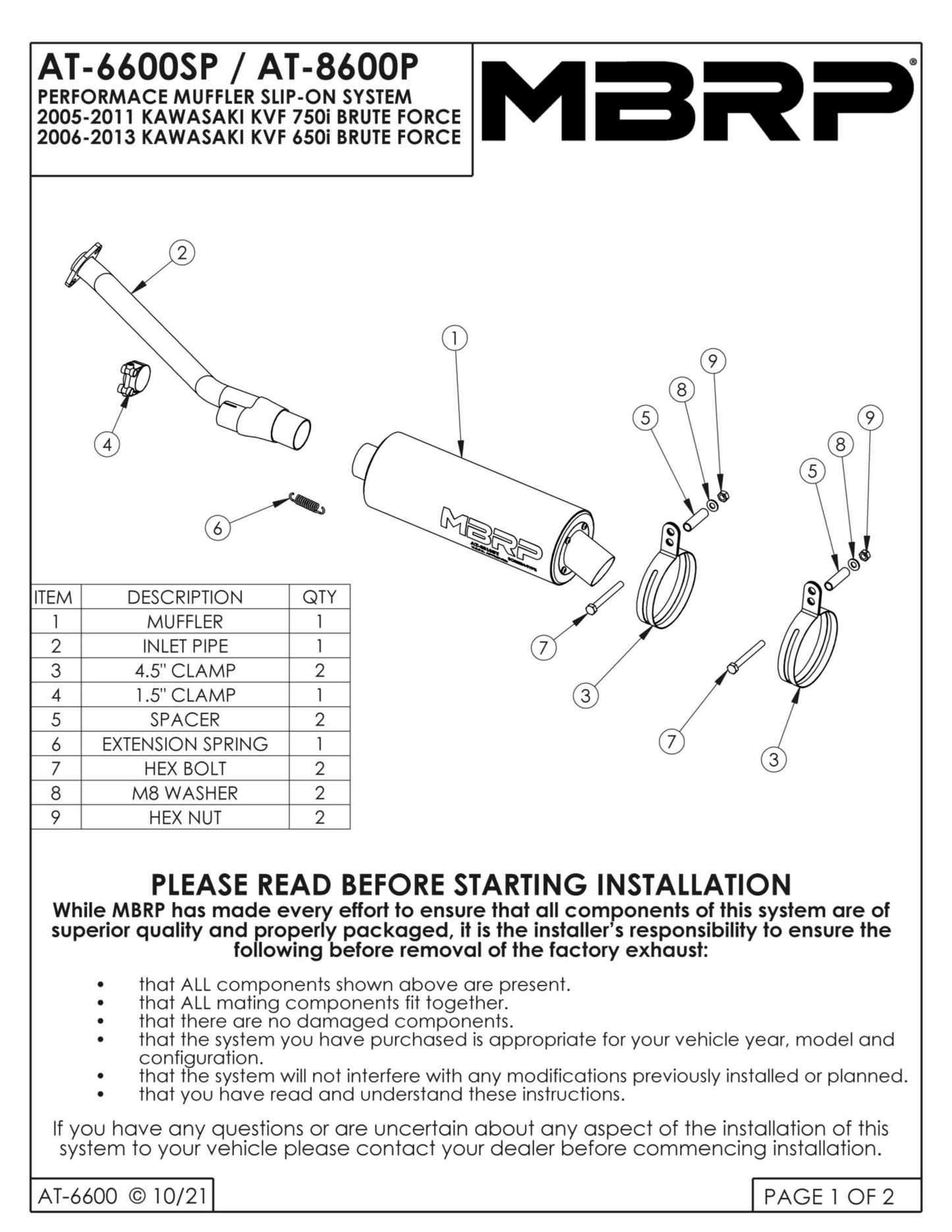 MBRP Slip-on system w/Performance Muffler Kawasaki KVF 750i Brute Force 2005-2013 - Adventure Parts