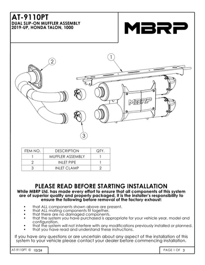 MBRP Slip-on system w/Performance Muffler Honda Talon 1000 2019-2025