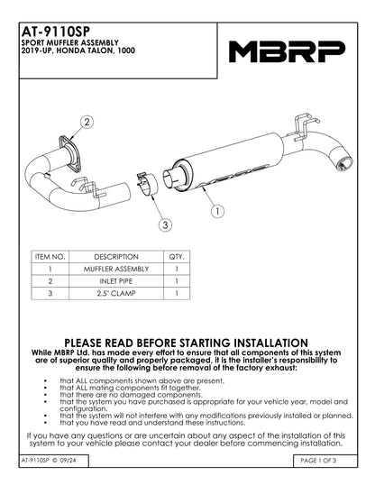 MBRP Oval Slip-on Sport Series Honda Talon 1000 2019-2025