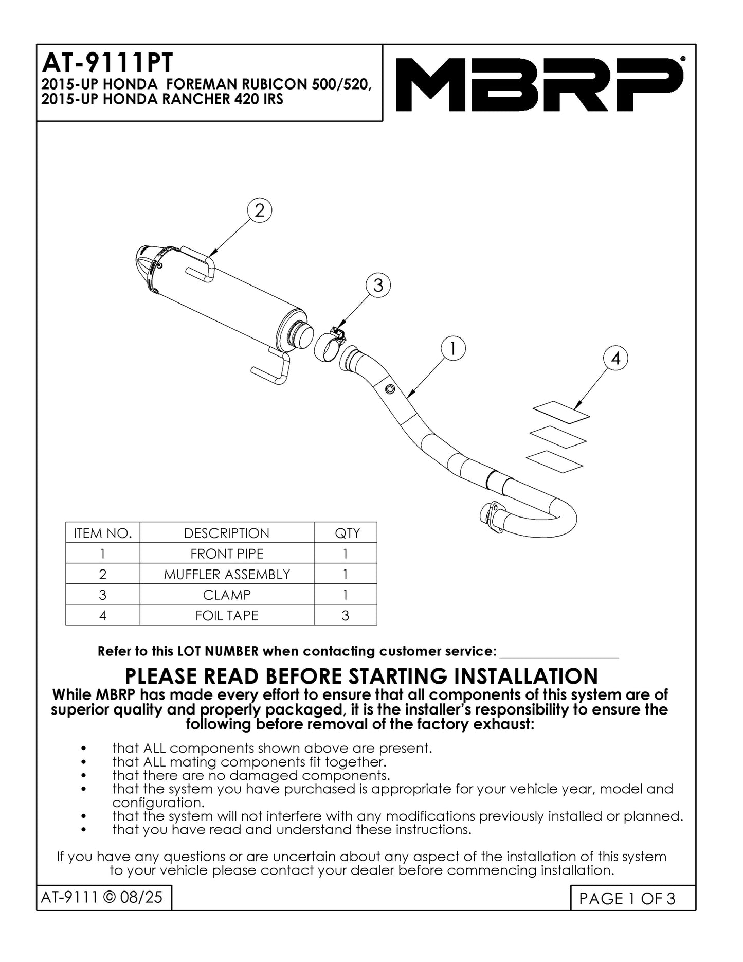 MBRP 4" Single Slip-on Performance Series Honda Rancher 420 IRS/Foreman Rubicon 500-520 2015-2026