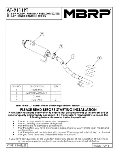 MBRP 4" Single Slip-on Performance Series Honda Rancher 420 IRS/Foreman Rubicon 500-520 2015-2026