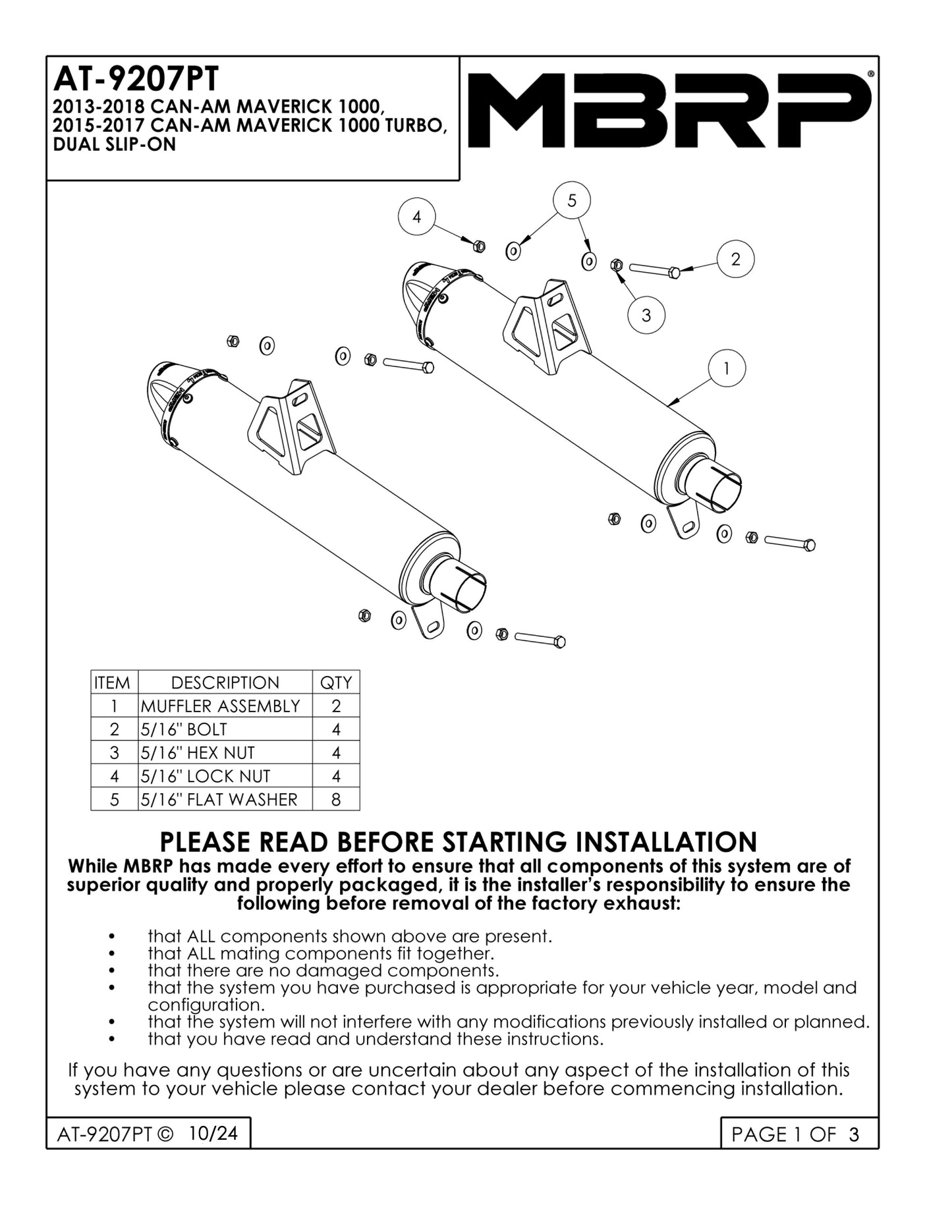 MBRP Dual Slip-on Mufflers Can-Am Maverick 1000 Turbo Dual 2013-2018