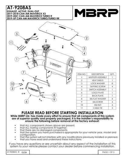 MBRP Dual-Out Active Exhaust Can-Am Maverick X3 2017-2025