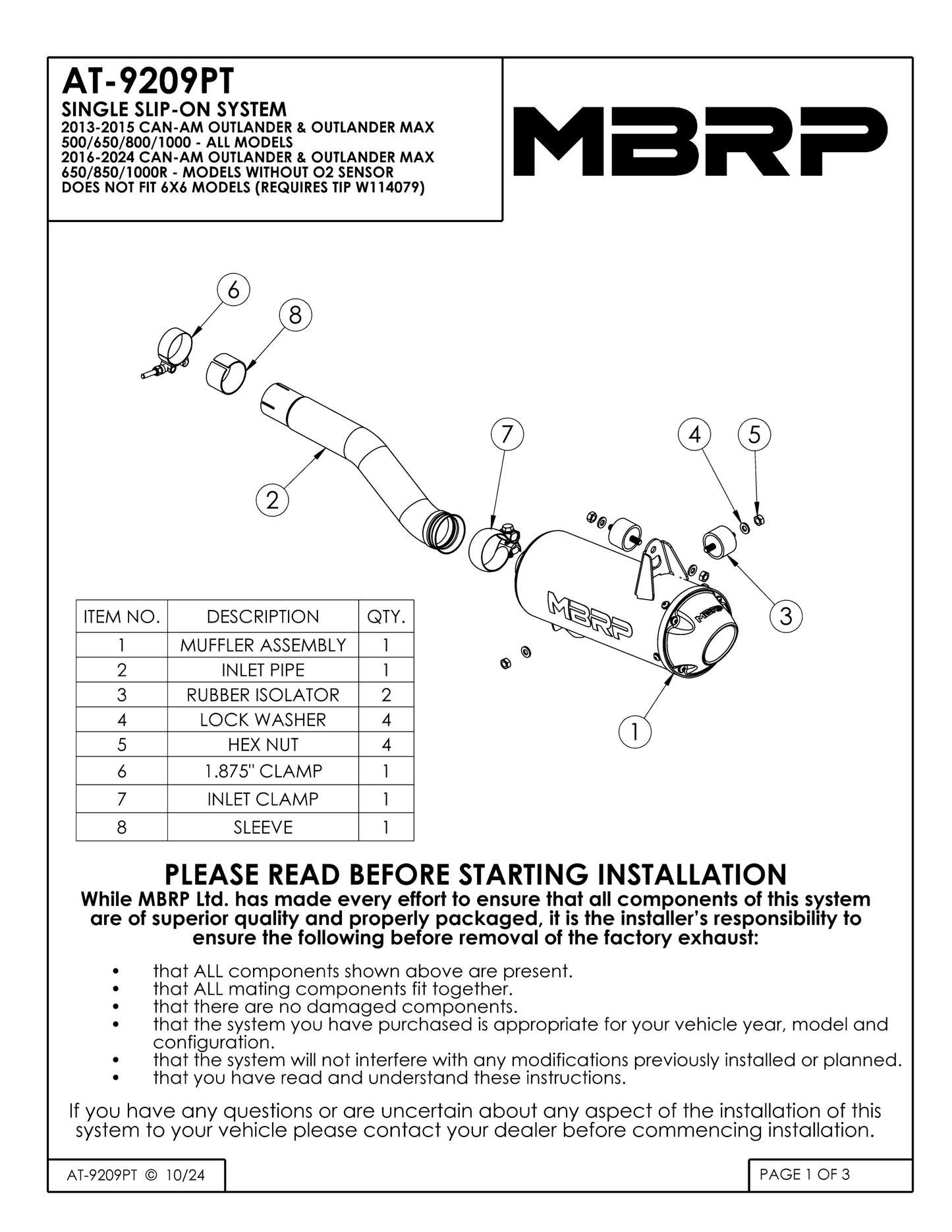 MBRP 5" Single Slip-on Performance Series Can-Am Outlander/Max 500/650/800/1000 All Models 2013-2024