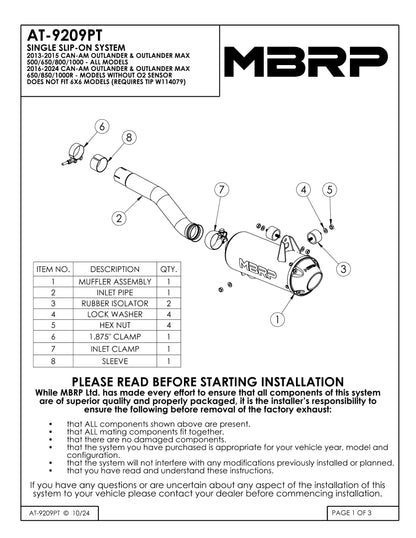 MBRP 5" Single Slip-on Performance Series Can-Am Outlander/Max 500/650/800/1000 All Models 2013-2024