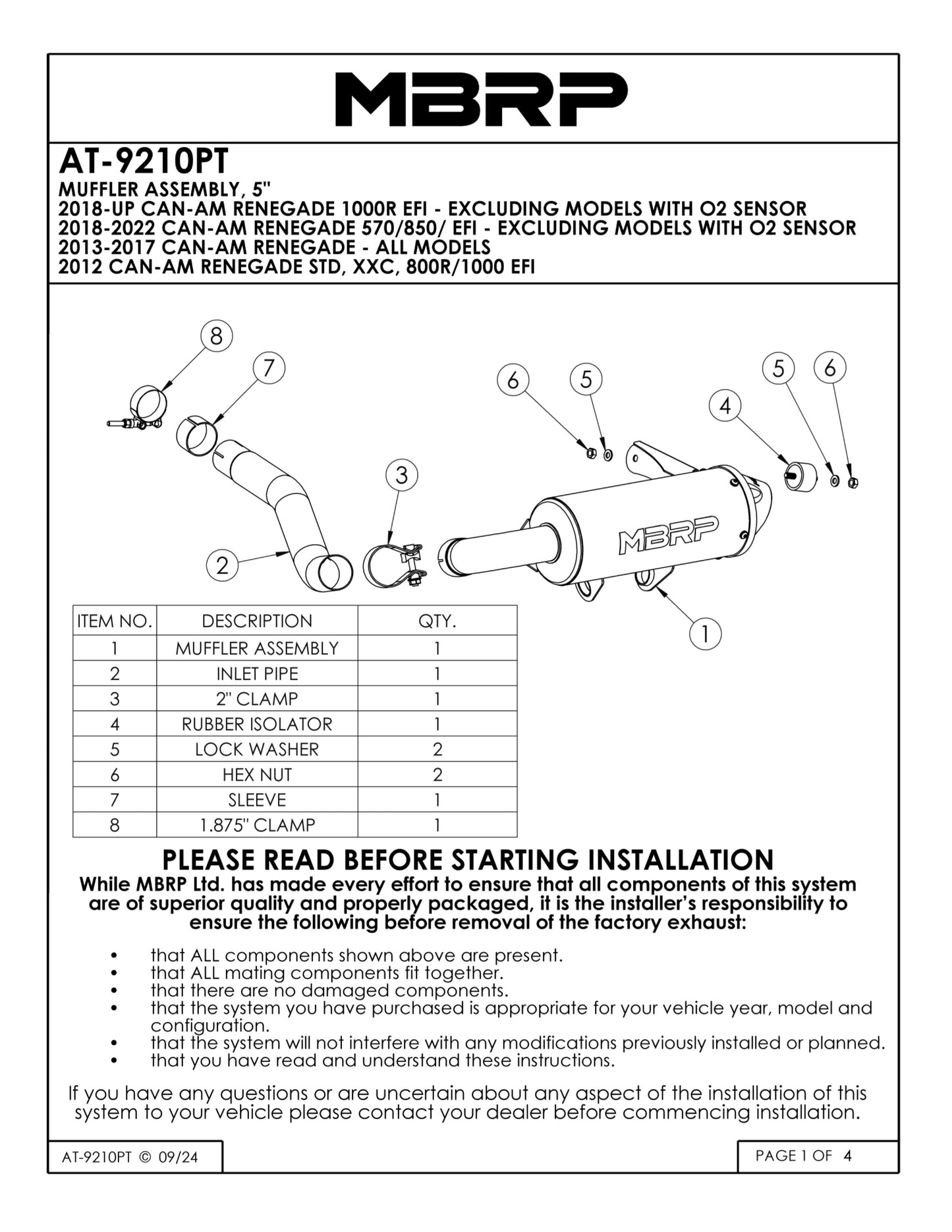 MBRP 5" Single Slip-on Performance Series Can-Am Renegade All Models 2013-2025