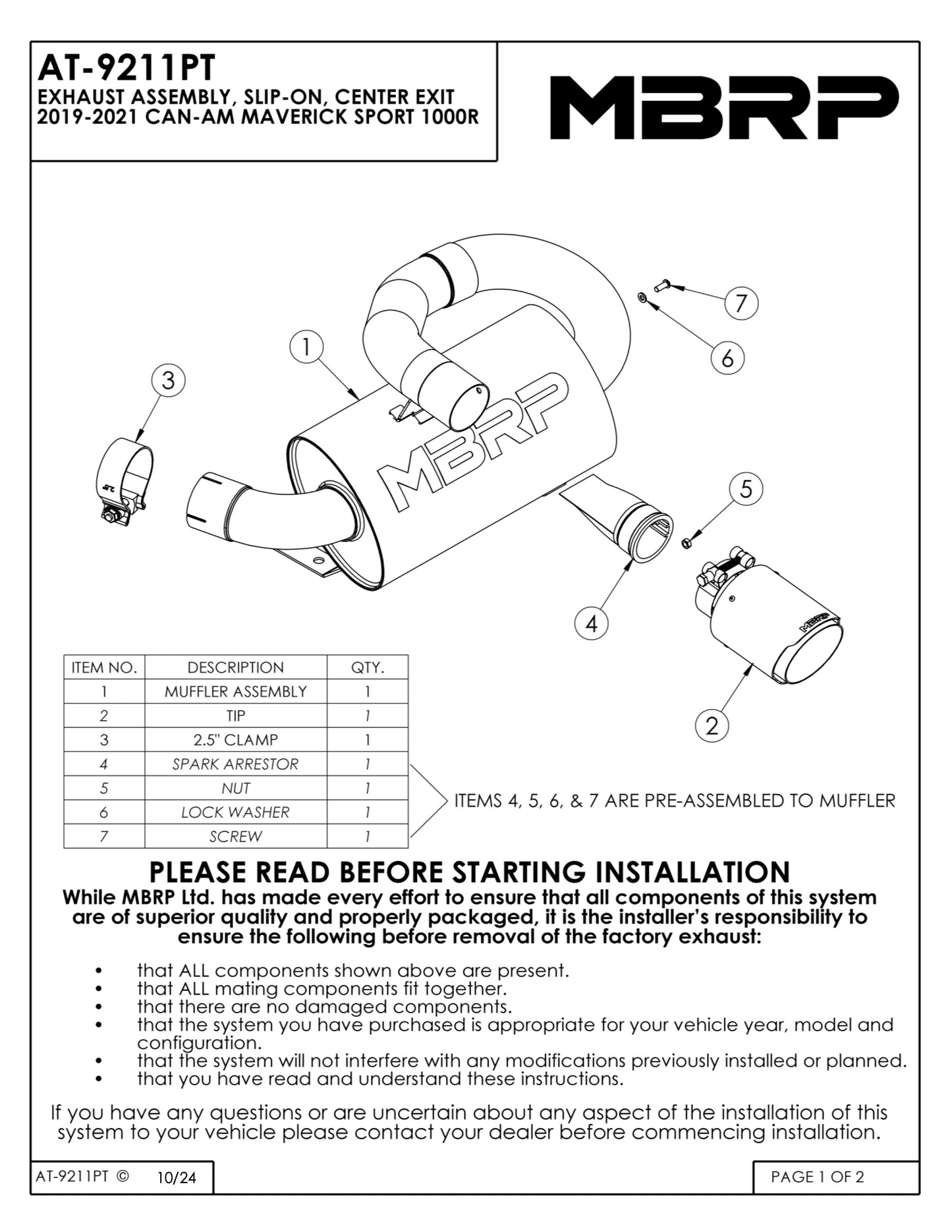 MBRP Single Slip-on Center Exit Performance Series Can-Am Maverick Sport 1000R 2019-2021