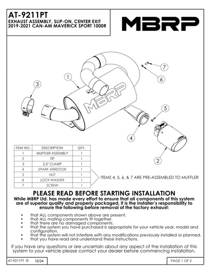 MBRP Single Slip-on Center Exit Performance Series Can-Am Maverick Sport 1000R 2019-2021
